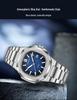 Jin Shidun Men's Luminous Quartz Skeleton Watch with Steel Band and Date Display.