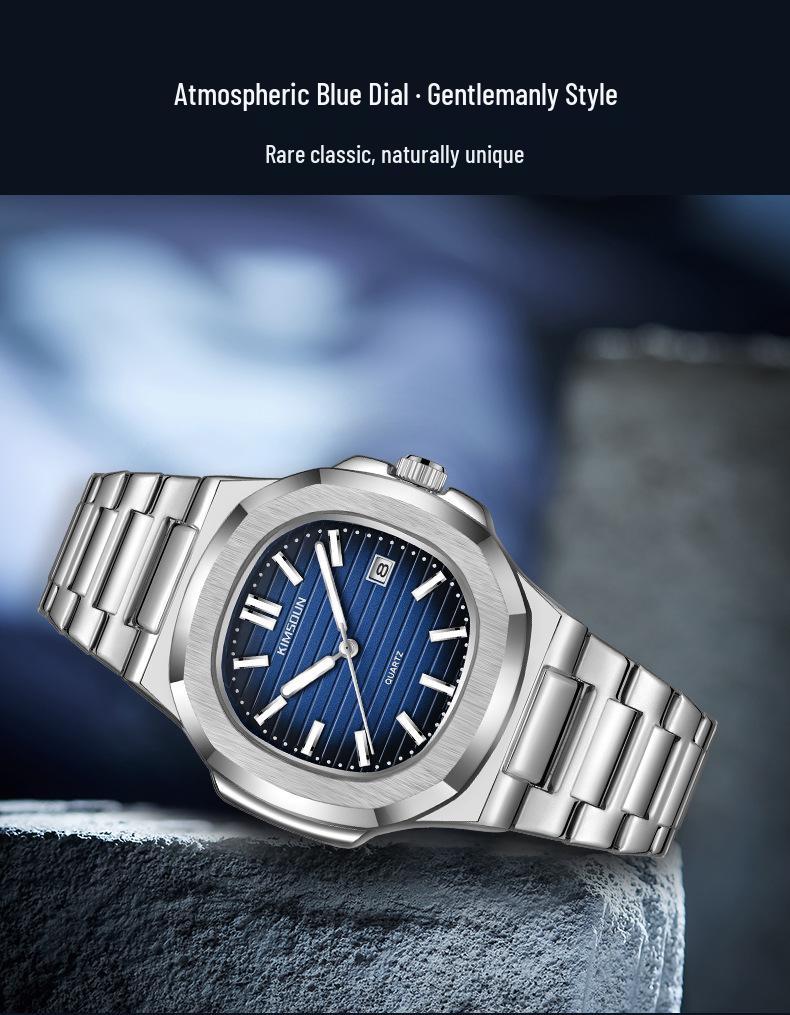 Jin Shidun Men's Luminous Quartz Skeleton Watch with Steel Band and Date Display.