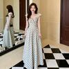 French Hollow Design Polka Dot Dress Women's Summer New Pleated Waist Thin Small Fly Sleeve Temperament Long Dress