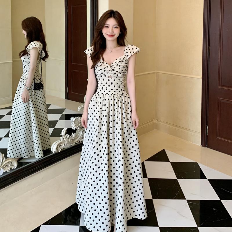 French Hollow Design Polka Dot Dress Women's Summer New Pleated Waist Thin Small Fly Sleeve Temperament Long Dress