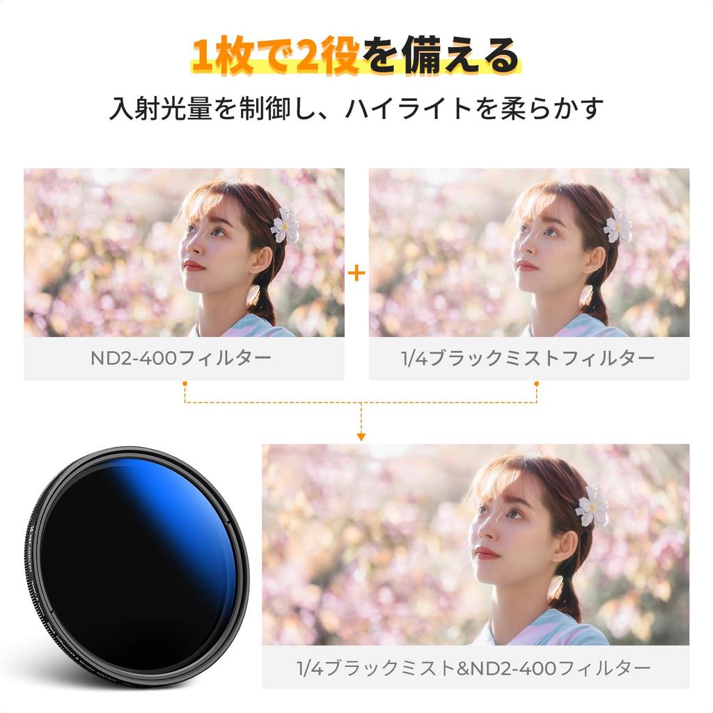 Concept 82mm Black Mist Dimming Softening Nano Variable ND Adjustable Dimming Soft Filter K&F ND2-400&CPL&1/4 Multi-function Filter, Two-in-one, +
