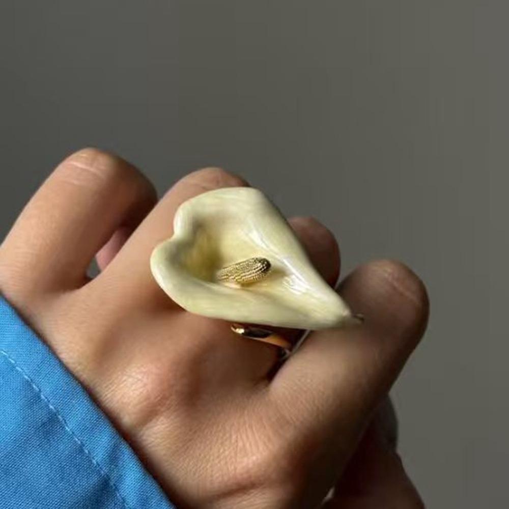 Metal Enamel Calla Flower Ring Adjustable Vintage Ring Personality Geometric Open Ring Women