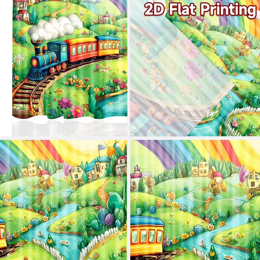 2D flat printing 2pcs Window Curtains Cute Train Rainbow Village Adventure Digital Printed Polyester Drapes Holiday Decorations