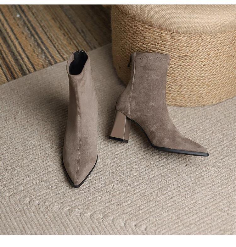 Women's Genuine Leather Suede Chunky Heel Ankle Boots - Pointed Toe, Slimming Design, 2025 Autumn/Winter Collection