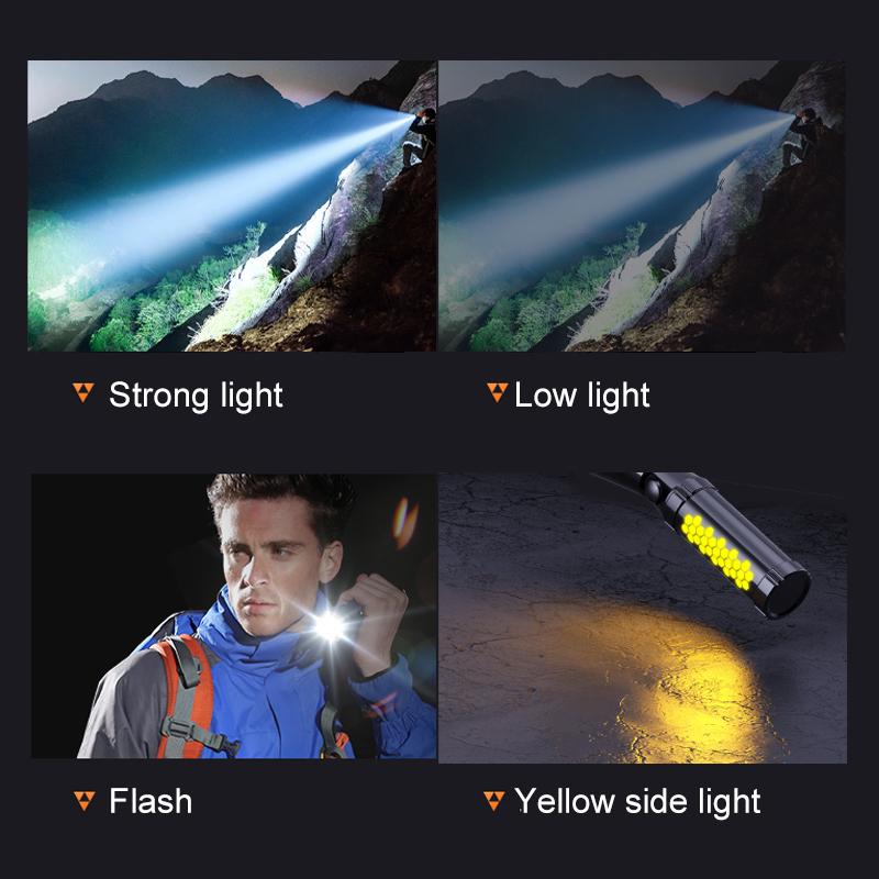 Top corner mode of LED portable flashlight with cellular side light supports TYPE-C charging.