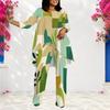 Women Plus Size Abstract Printed Two Piece Set Round Neck Long Sleeve Layered Top And Long Pants