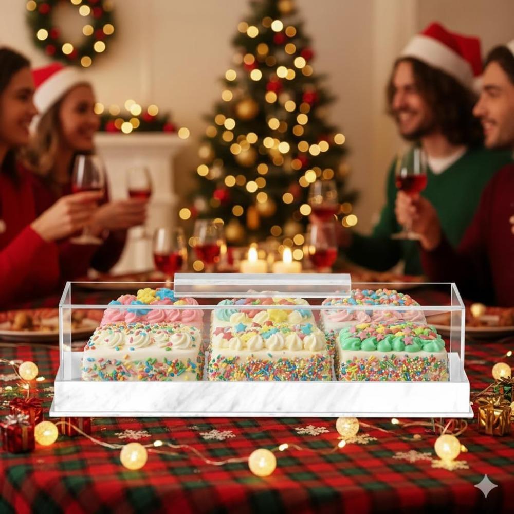 Marbled Pattern Rectangular Acrylic Bread Box Dust-proof Non-slip Bottom Dessert Display Rack with Clear Lid Cake Display Tray