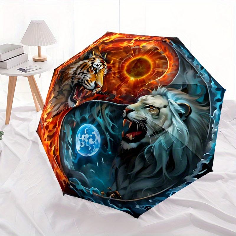 

1pc Tiger Yin Yang of Fire and Ice Durable Cartoon Folding Umbrella, Portable 3-Fold Compact Umbrella for Men and Women, Suitable for Travel or D