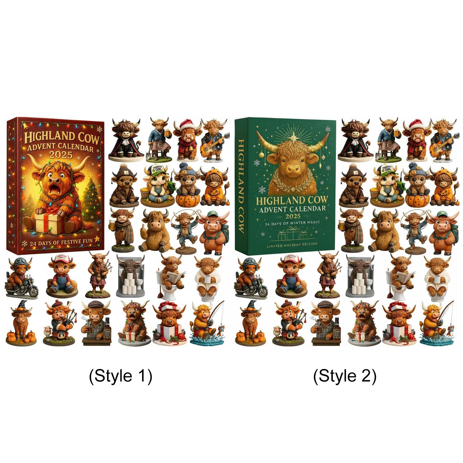 Calendario dell'Avvento Mucca delle Highlands 2025 con 24 Ornamenti Mucca 3D Calendario dell'Avvento di Natale Calendario Conto alla Rovescia di Natal