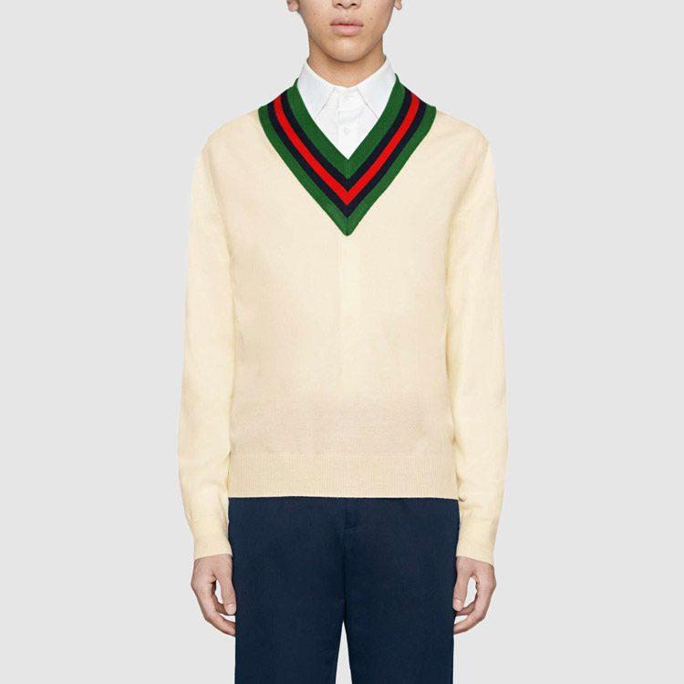 Gucci Sweaters Men's White V Neck Moderate 576802-XKAUK-9133