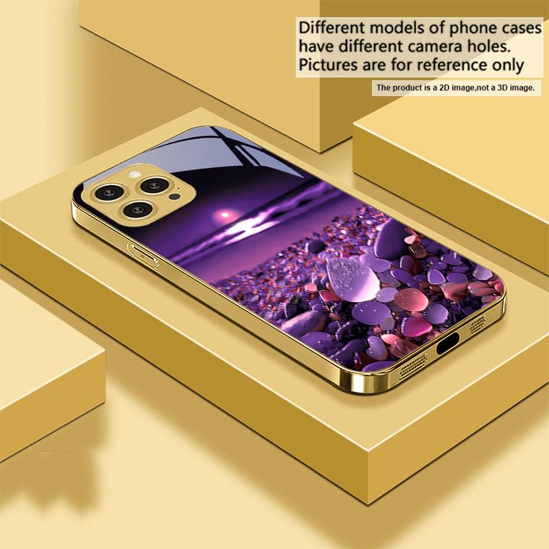 Färgglad stensjöstrand För IPhone 16 16Pro Max 15 P ro 14 13 Plus 12 Mini 11Pro Max XS Max XR Guld härdat glas mobilskal