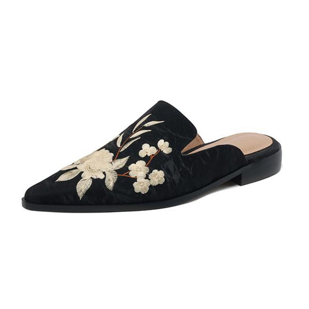 Krazing Pot Natural Skin Silk Spring Summer Size 40 Thick Low Heels Women Pointed Toe Shallow Embroidery Mules Pumps