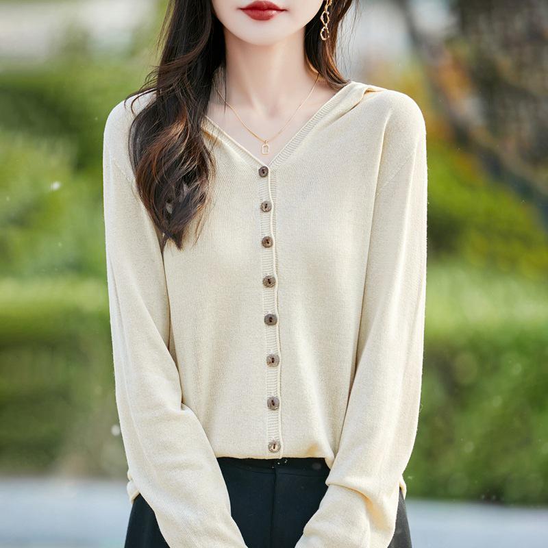 Tencel Linen Hooded Knit Cardigan - Women's Long Sleeve Solid Color Loose Fit Top