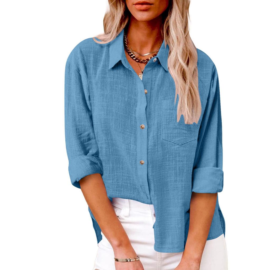 Women's Collar Long Sleeve Shirt Loose Fit Solid Color Linen Cotton Pocket Commuter Blouse