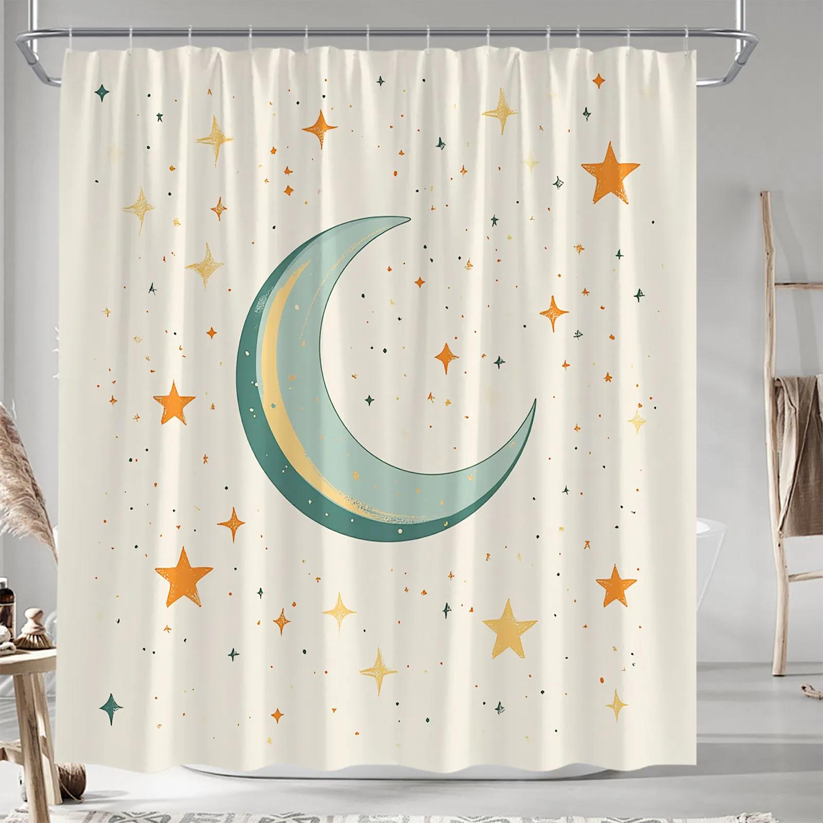 

Teal Crescent Moon & Stars Shower Curtain - 1970S Retro Style, Night Sky Design, 12 Hooks, Polyester, Machine Washable W60H190(CM)-1 Pcs