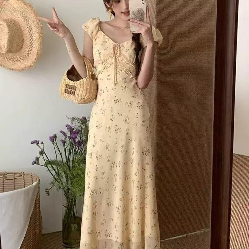 Elegant Floral V-Neck Puff Sleeve Dress for Women - Summer Japanese & Korean Style, Cinched Waist, Slim-Fitting A-Line Long Skirt
