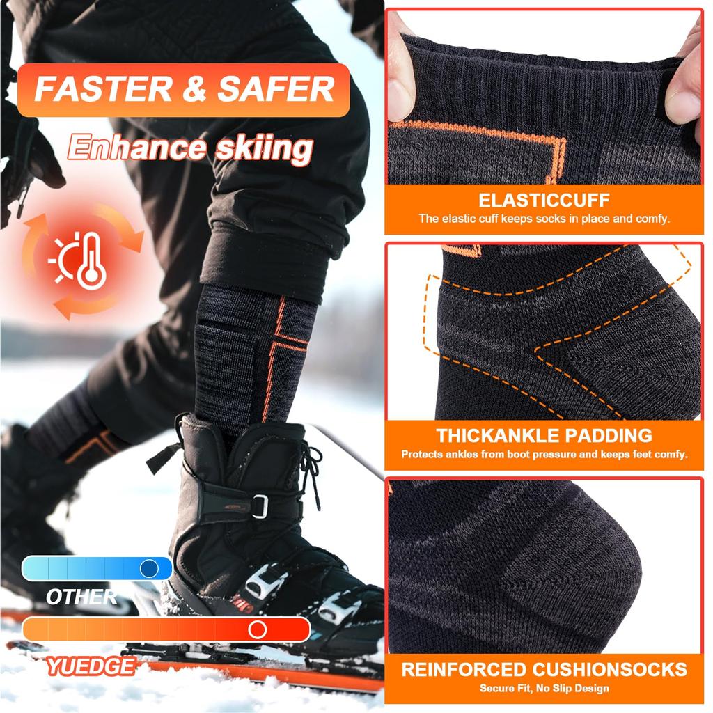 YUEDGE Merinowolle Ski Wintersocken Warm Dick für Snowboarding und Größen Set von 2 Herrensocken, Kniehoch Skifahren, Unisex, 25-28,5cm,