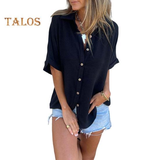 

Женская рубашка с лацканами, коротким рукавом, пуговицами, планкой, однотонная, свободная, тонкая, офисная, повседневная рубашка M чёрный