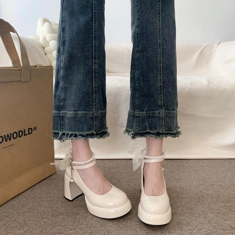 Fashion Mary Jane Shoes Women's Spring New Ultra-high Heel Pearl Chain with Platform Block Heel Wedding Shoes Lolita Shoes
