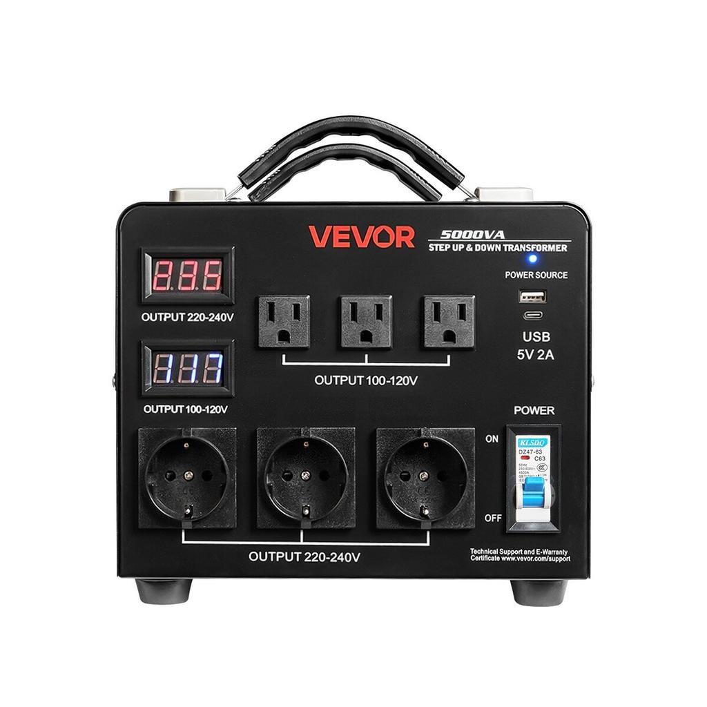 Transformador Convertidor de Voltaje Automático, 5000VA, Transformador de Potencia Elevador/Reductor de Servicio Pesado, 110V a 220V y 220V a 110V, con 3 Tomas de EE. UU., 3 Tomas de UE,