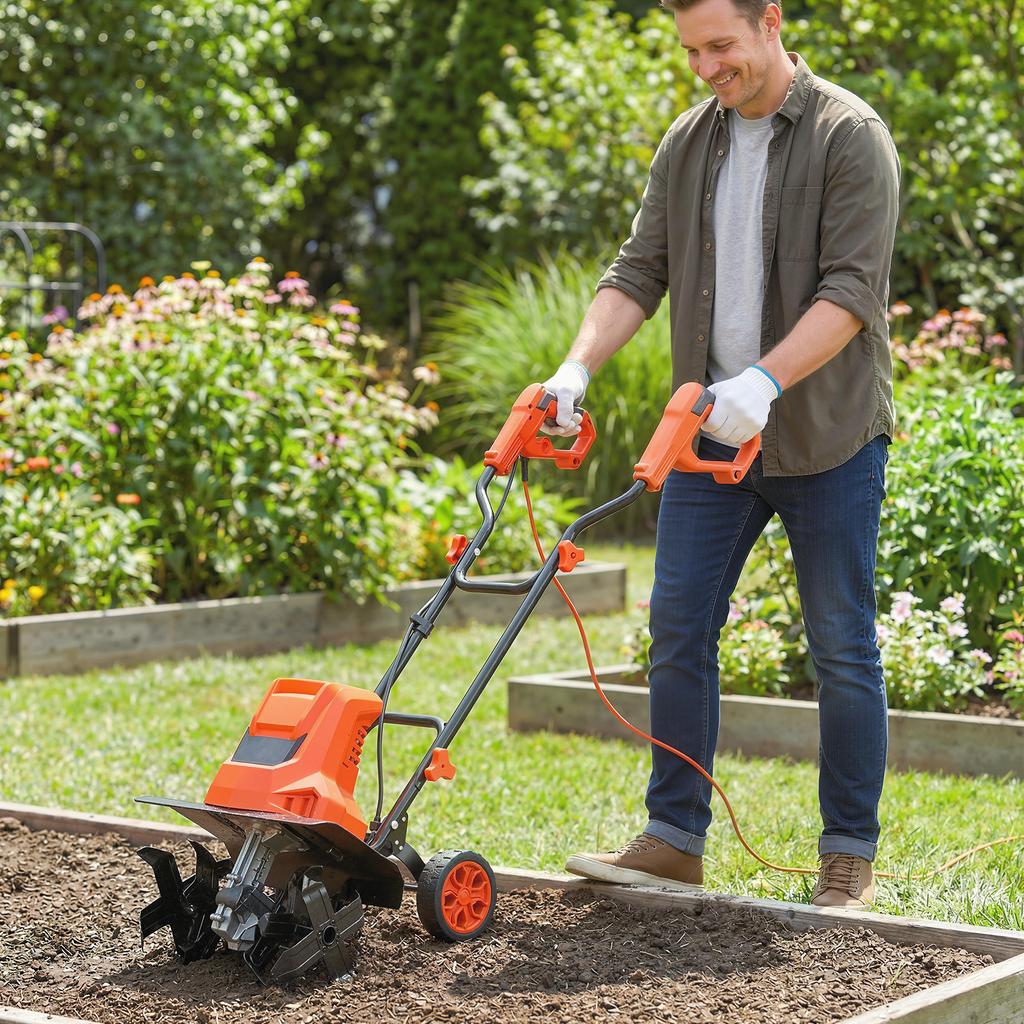 Electric Tiller, 1500 W, 6 Blades, 40 cm Tilling Width, Orange