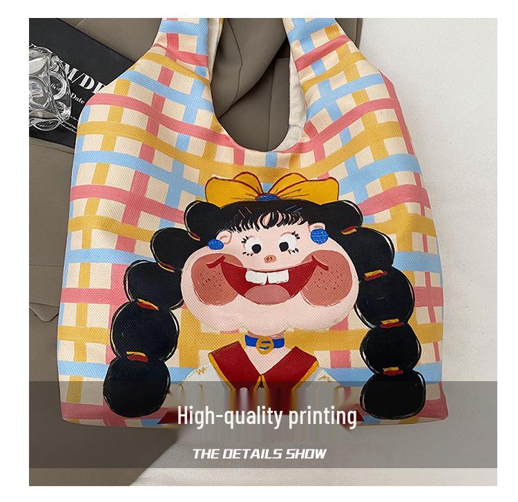 Hand-Painted Cartoon Shoulder Bag: Eco-Friendly Large Capacity for Women & Students