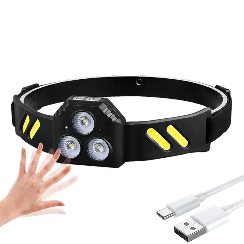 Strong Light Headlight Portable USB Rechargeable LED Sensing Headlamp XPE+COB Flashlight Super Bright Lamp Fishing Emergency