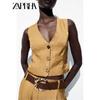Zaprha 2025 Summer New Fashion Gold Button Decoration Silk Satin Texture V-neck Top 7484091303