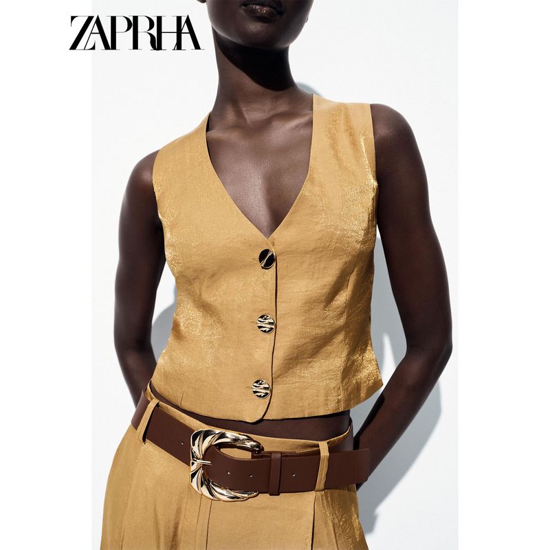 Zaprha 2025 Summer New Fashion Gold Button Decoration Silk Satin Texture V-neck Top 7484091303
