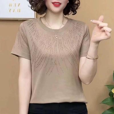 T-shirt da donna estiva slim con strass e scollo rotondo a maniche corte