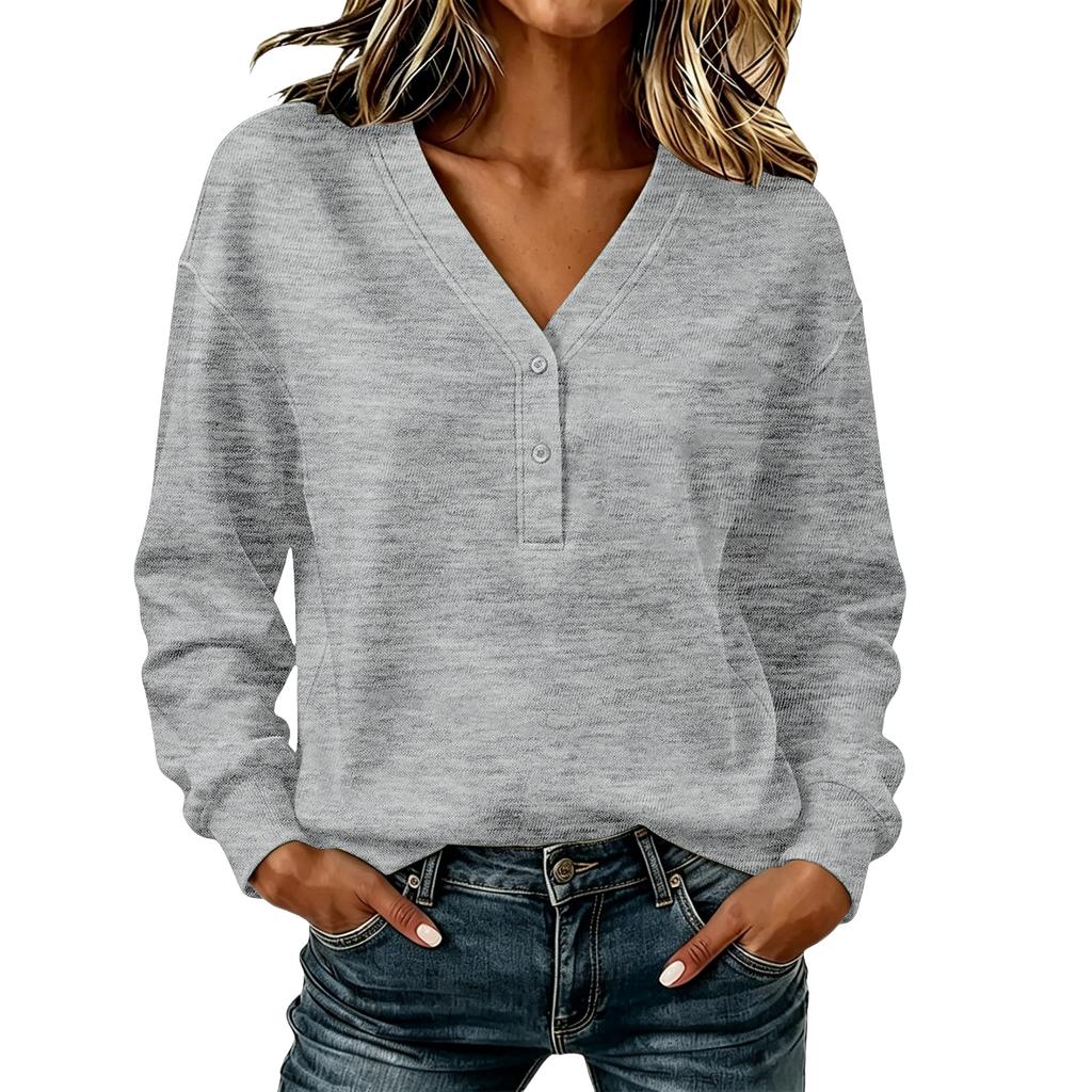 Women's Casual Long Sleeve Pullover Sweatshirt with V-Neck and Button, Loose Fit