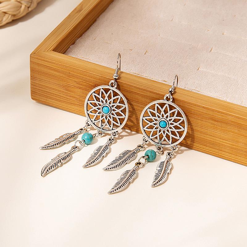 Turquoise Dreamcatcher Tassel Stud Earrings: Elegant Leaf Design, Hot-Selling Hollow Style for Women