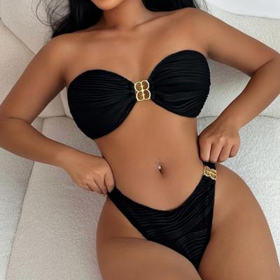 Women's Swimsuit Sexy Black Strapless Back Tied High-waist Bikini Split Swimsuit Beachwear Bathing Suits