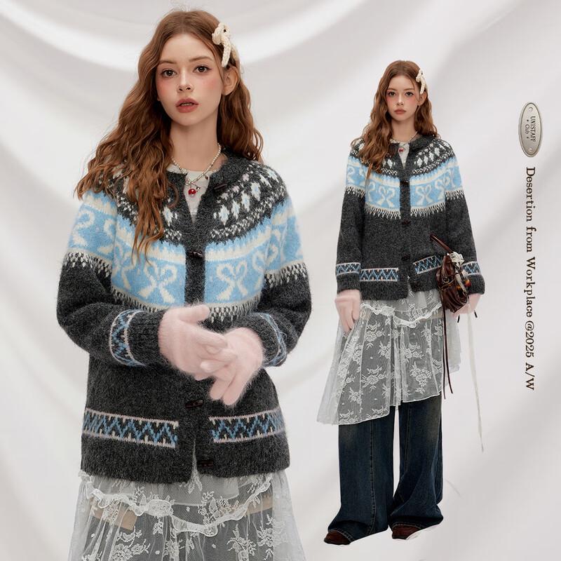 UNIFREE Fair Isle Bowknot Jacquard Knit Sweater One Size