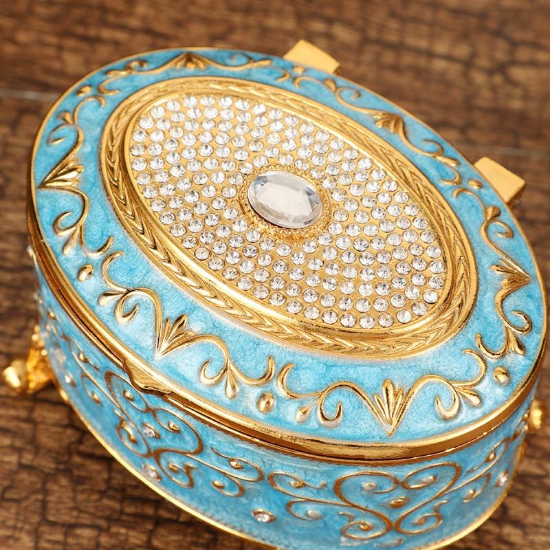 European Style Mini Jewelry Storage Box Organizer Portable Ellipsoid Inlaid Gem Alloy Necklace Ring Storage Dresser Display Case