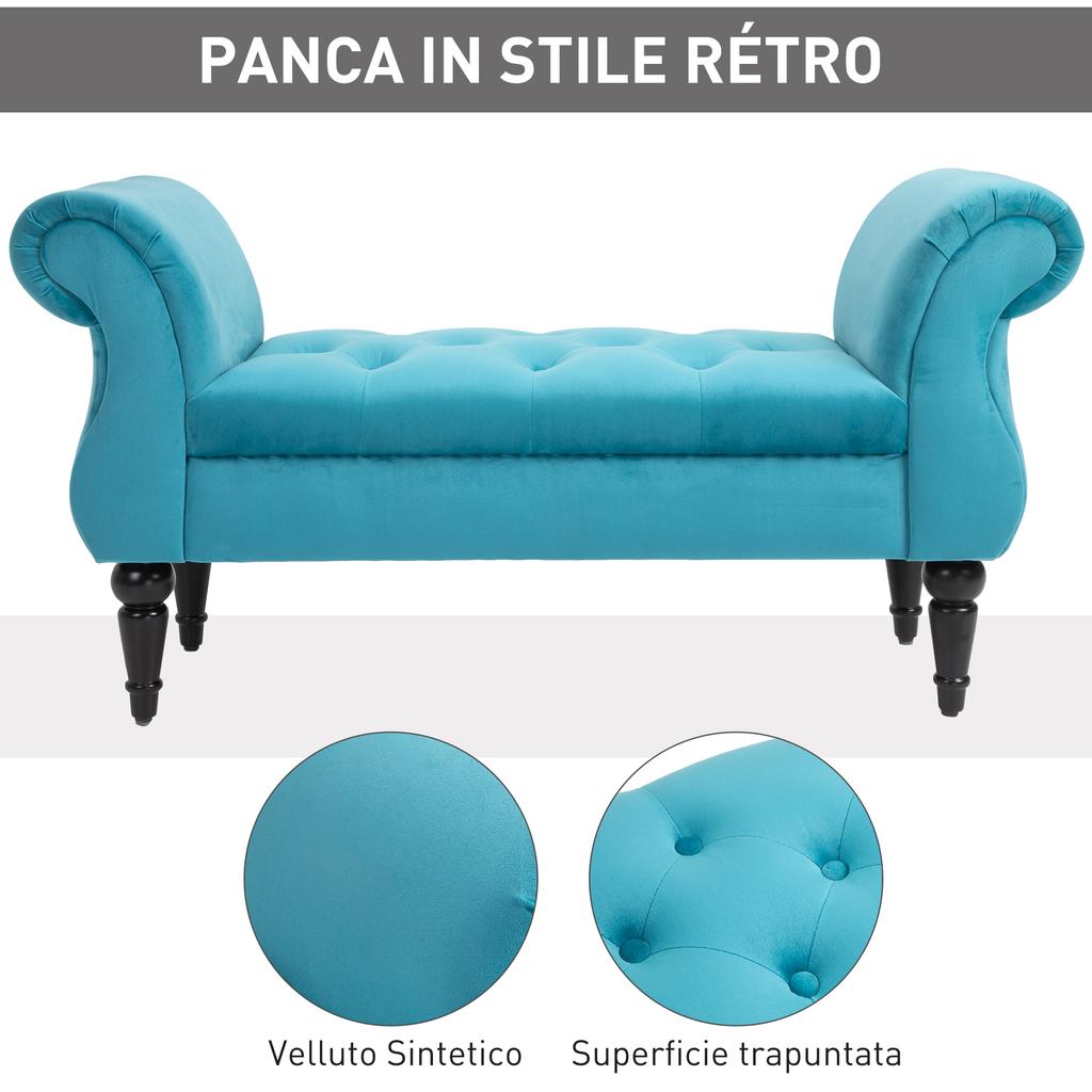 Panca Fondo Letto Stile Vintage, Struttura in Legno e Seduta Imbottita Stile Chesterfield, Azzurro Chiaro 117 x 40 x 58cm