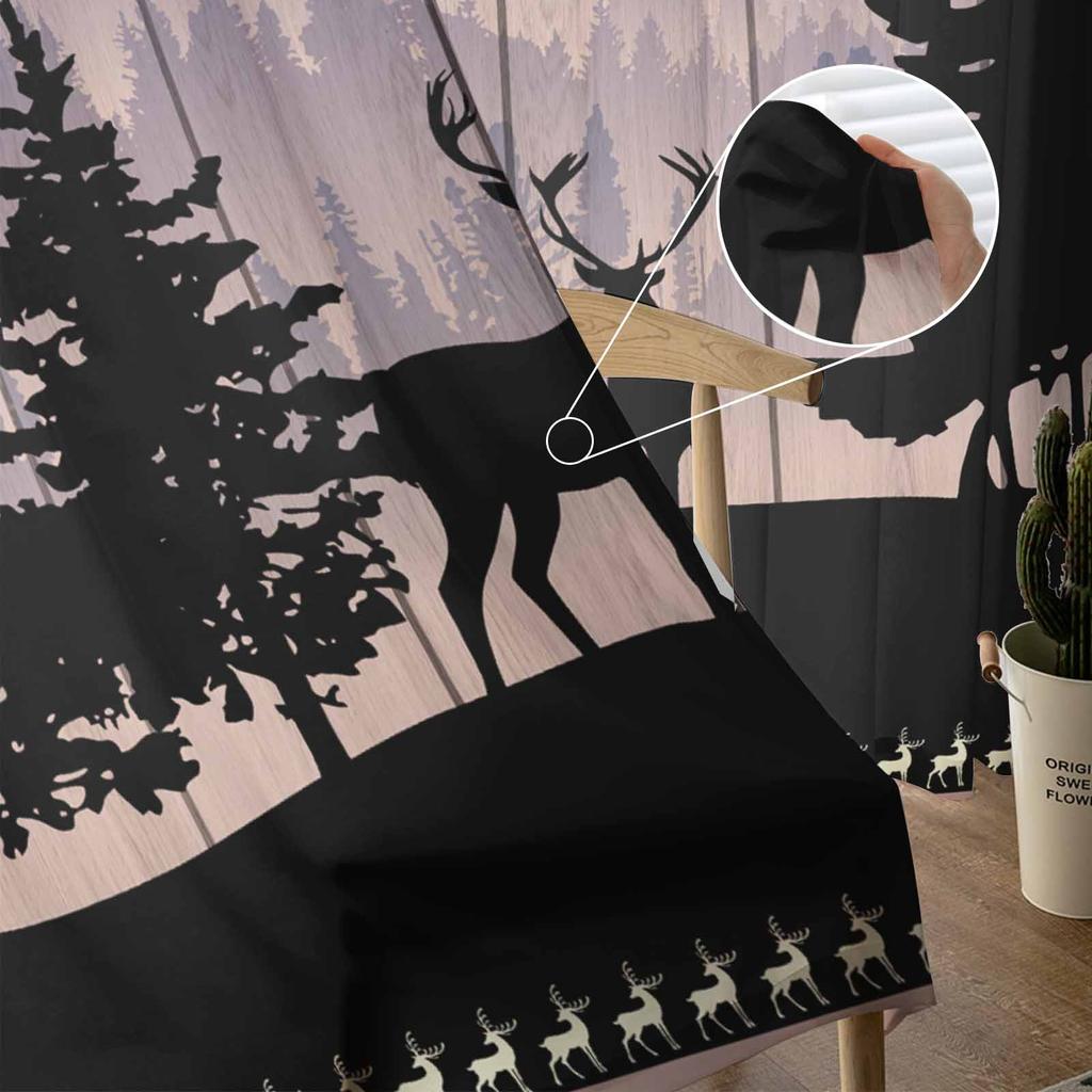 Hölzerne Waldsilhouette Hirsch Tier Sonnenuntergang Transparente Vorhänge für Wohnzimmerdekor Fenstervorhänge Küche Tüll Voile Vorhänge