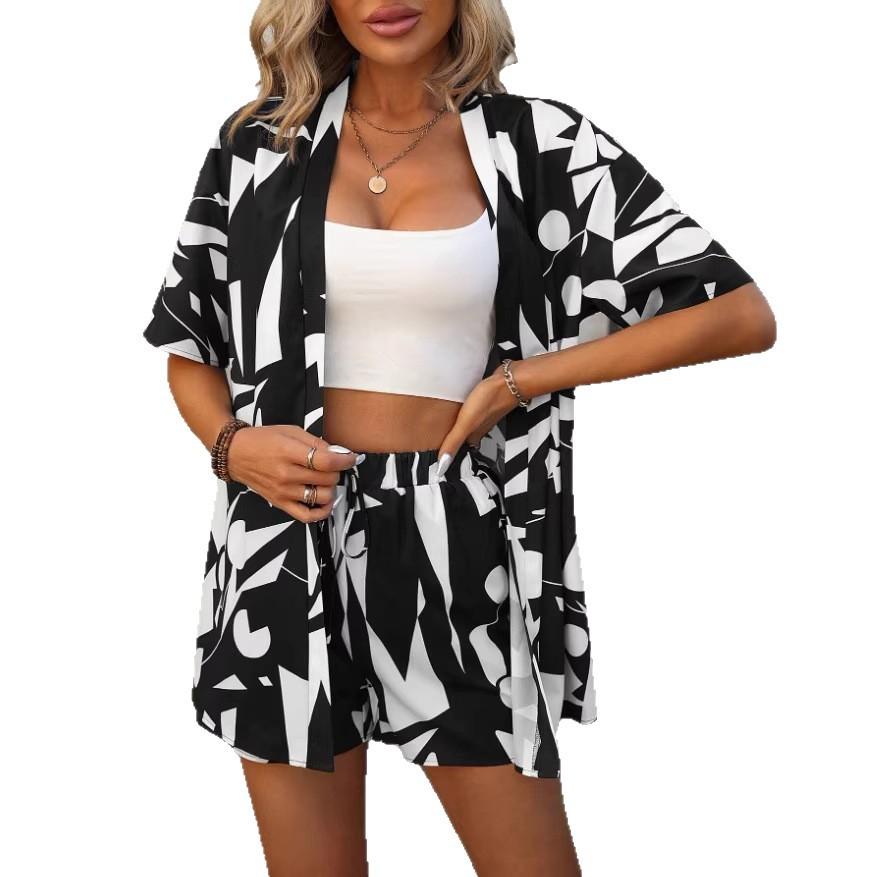 Europe, America and Foreign Trade Amazon 2026 Cross-border Summer Fashion Short-sleeved Cardigan Printing Set Loose Shorts Two-piece Set