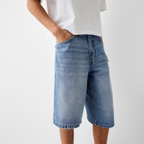 Erkek Denim Şort Orta Yükseklikte Düğmeli Fermuarlı Yaz Kot Pantolon Düz Geniş Paça Denim Şort Cepli