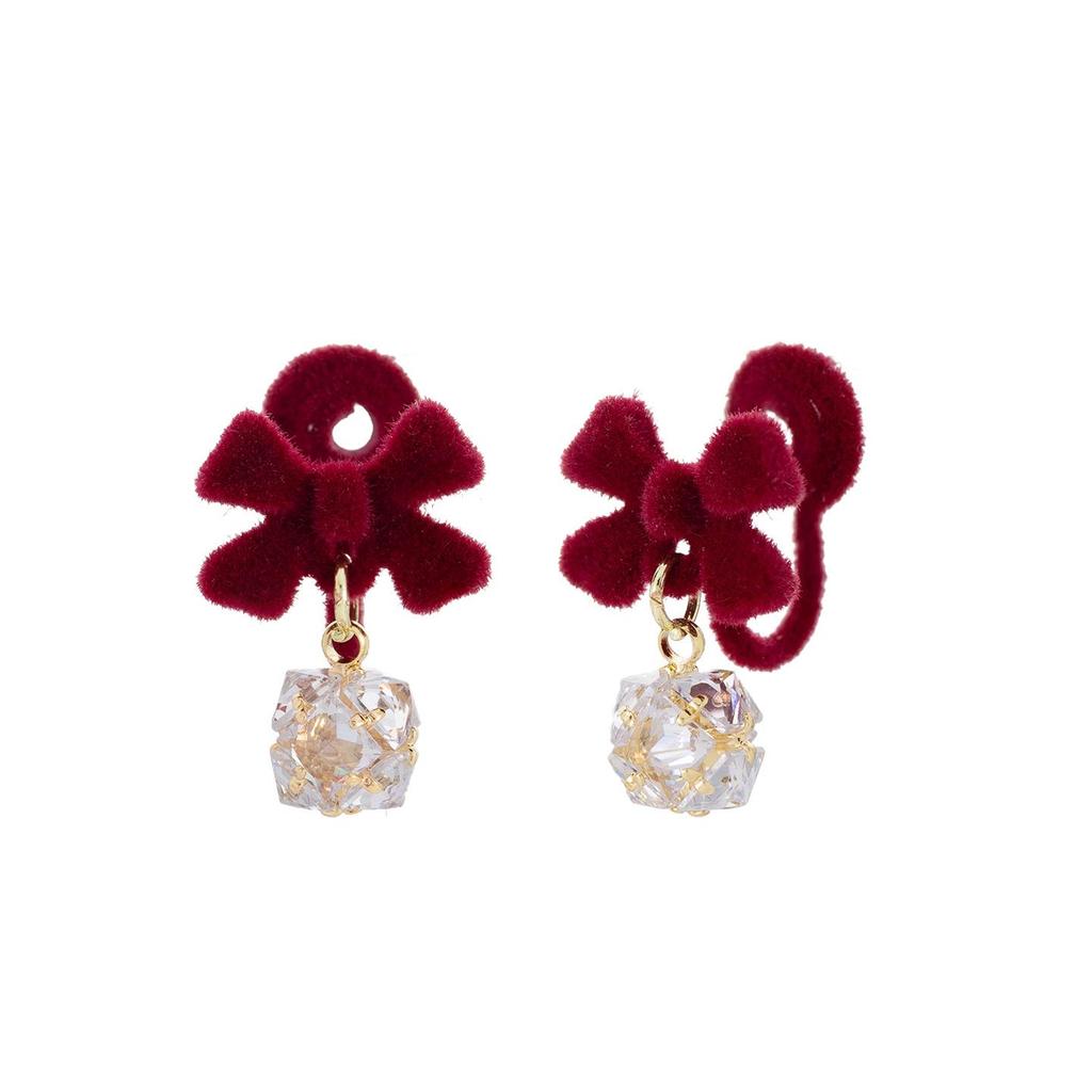 New Year Red Bow Rhinestone Ear Cuff: No-Piercing Chinese-Style Flocking Earring