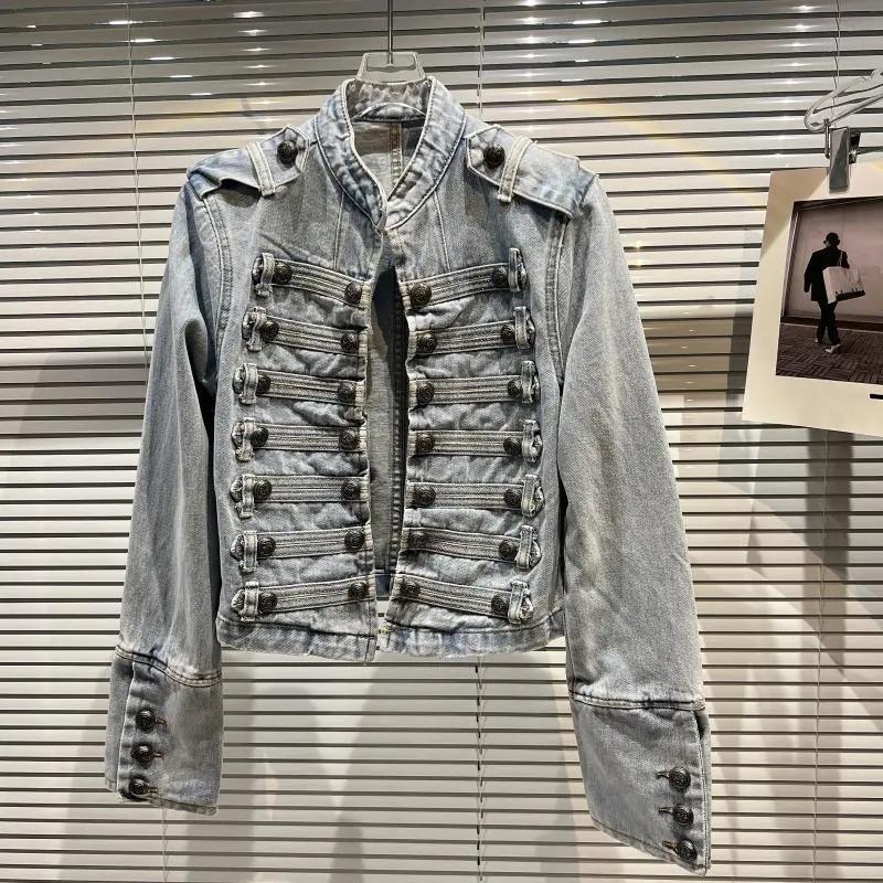 Women Spring Autumn Fashion Tops Classical Metal Rib Buckle Korean Style High-end Design Shoulder Straps Washed Denim Short Jacket