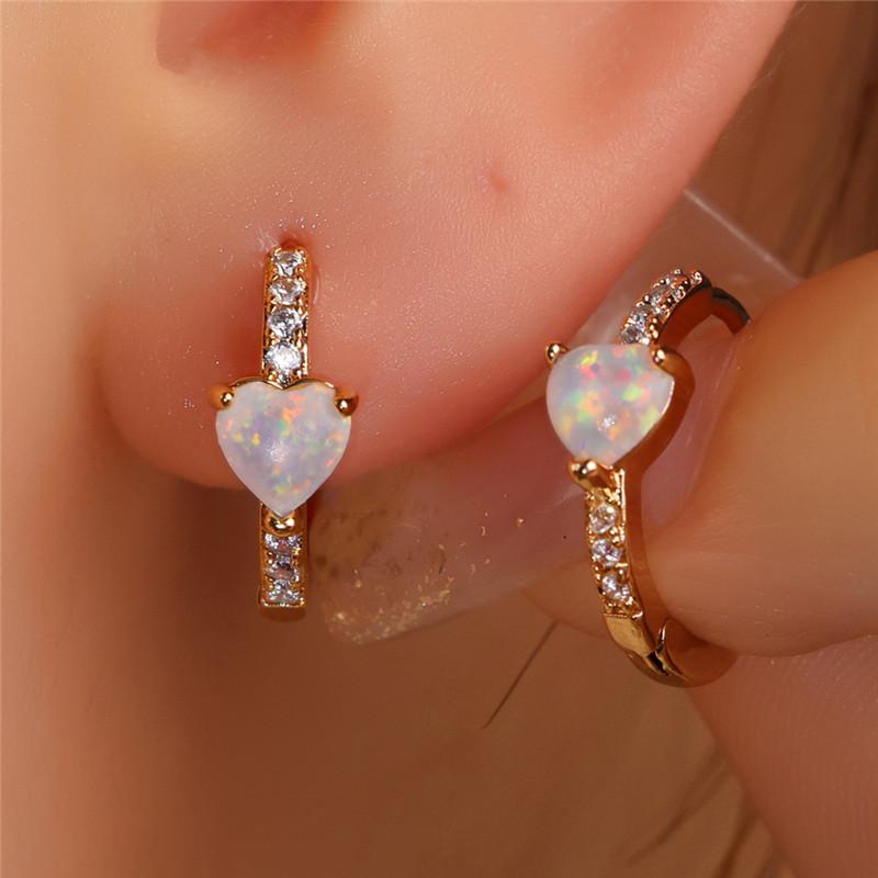 Boho Female White Fire Opal Heart Clip Earrings Vintage Wedding Jewelry For Women