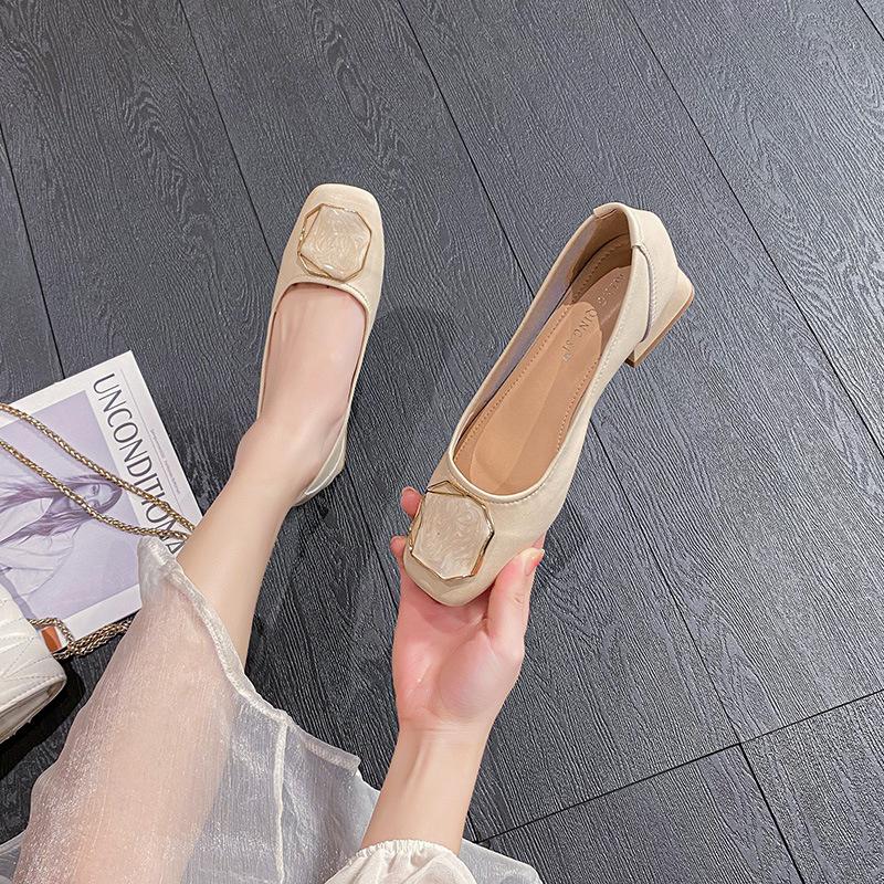 Coarse Heel Soft Leather Single Shoes Women's New Mid-heel Square Buckle Soft Leather Grandma Shoes Commuter Soft-soled Shoes
