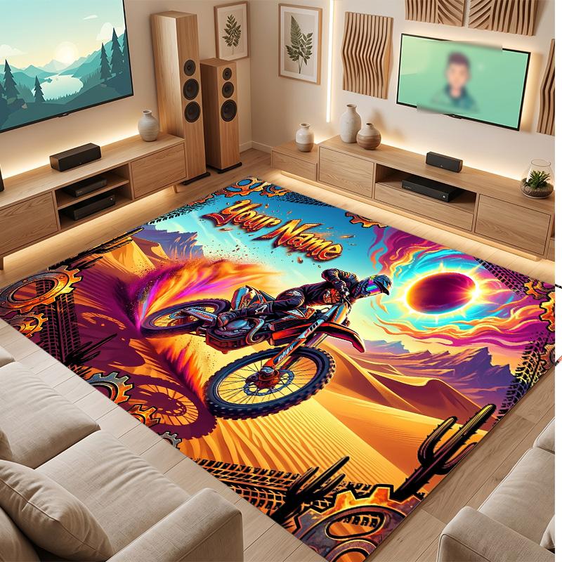 Motorcycle Biker Theme Soft Crystal Velvet Rug Custom Name & Text Print Non Slip Floor Rug for Bedroom Living Room