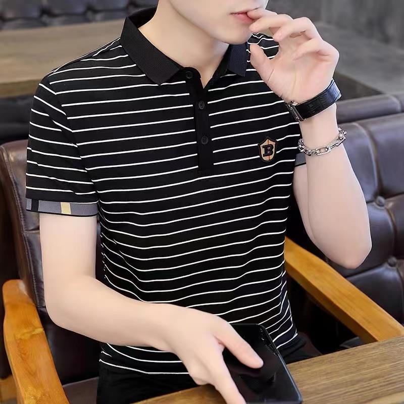 Men's Striped Ice Silk Polo Shirt - Casual Summer Short Sleeve