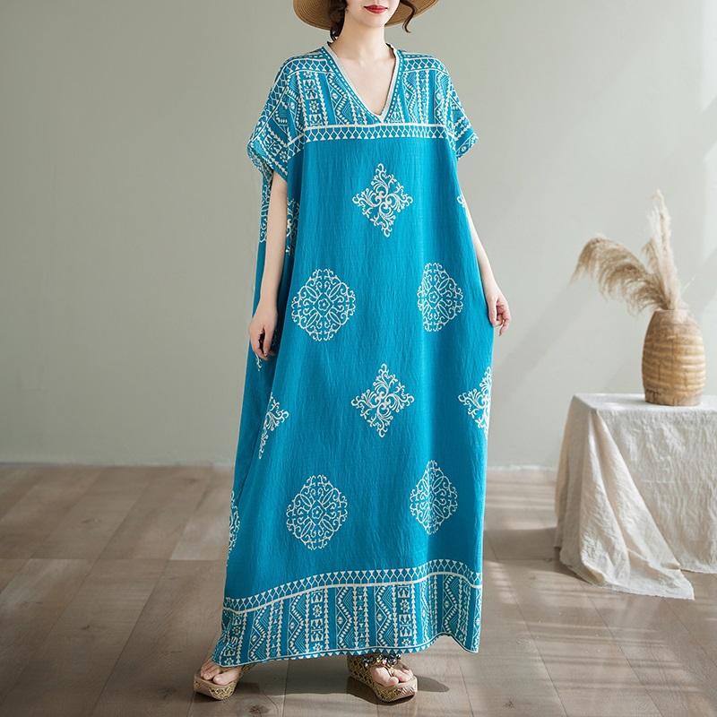 Krátký rukáv Plus size Bavlněné vintage květinové nové šaty pro ženy ležérní volné dlouhé letní šaty