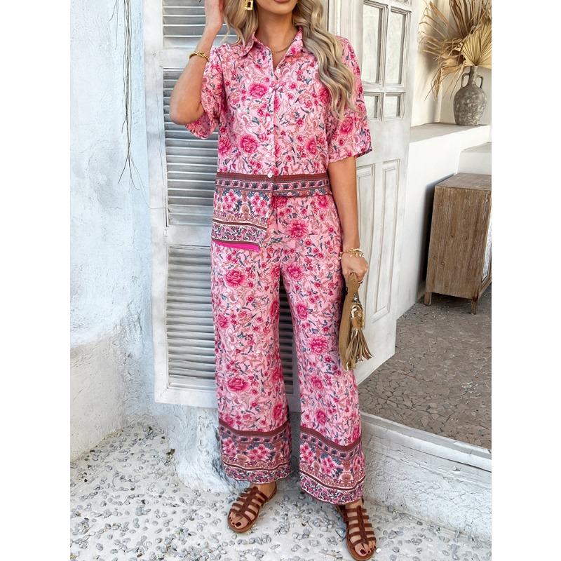 Women's Summer Print Contrasting Color Bohemian Vacation Short-sleeved Long Trousers Set