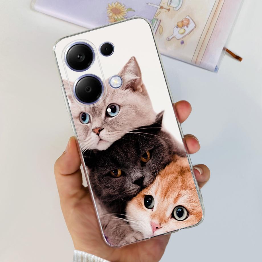For Xiaomi Poco M6 Pro 4G Capa Case Transparent Soft TPU Slim Bumper Shell Love Heart Cute Cat Coque For Redmi Note 13 Pro 4G