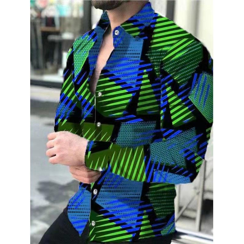 2026 Europa e Estados Unidos Nova Primavera Camisa Masculina de Manga Longa Camisa Plus Size Gradiente Slim Estampa Geométrica Camisa Casual