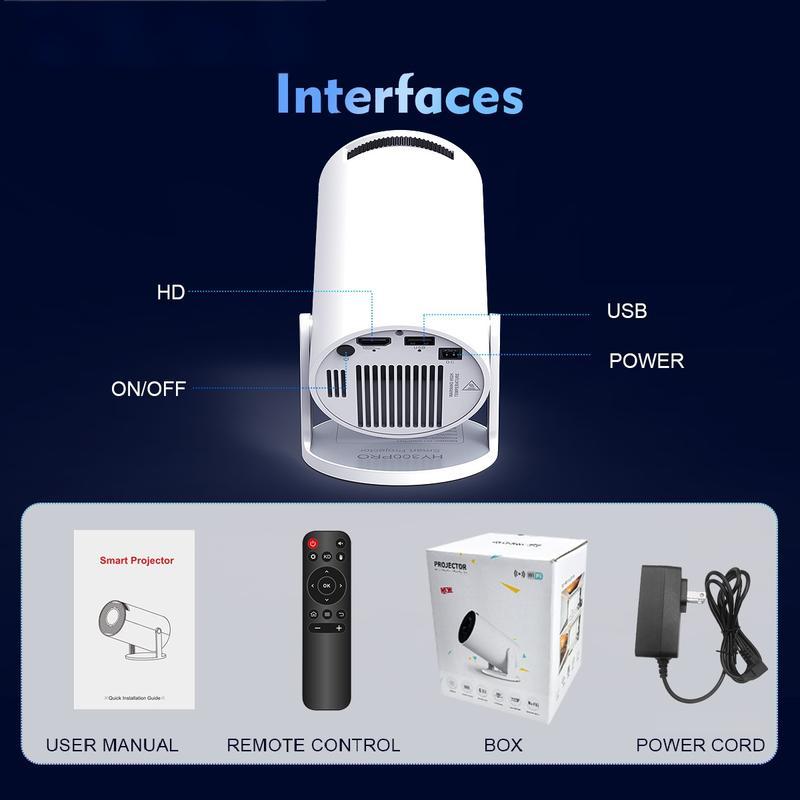 HY300Pro Portable Projector 290ANSI Dual Wifi6 4K Videosource Supported Native 1280*720P Android 11 BT5.4 Cinema Outdoor Mini Projetor Remote Con
